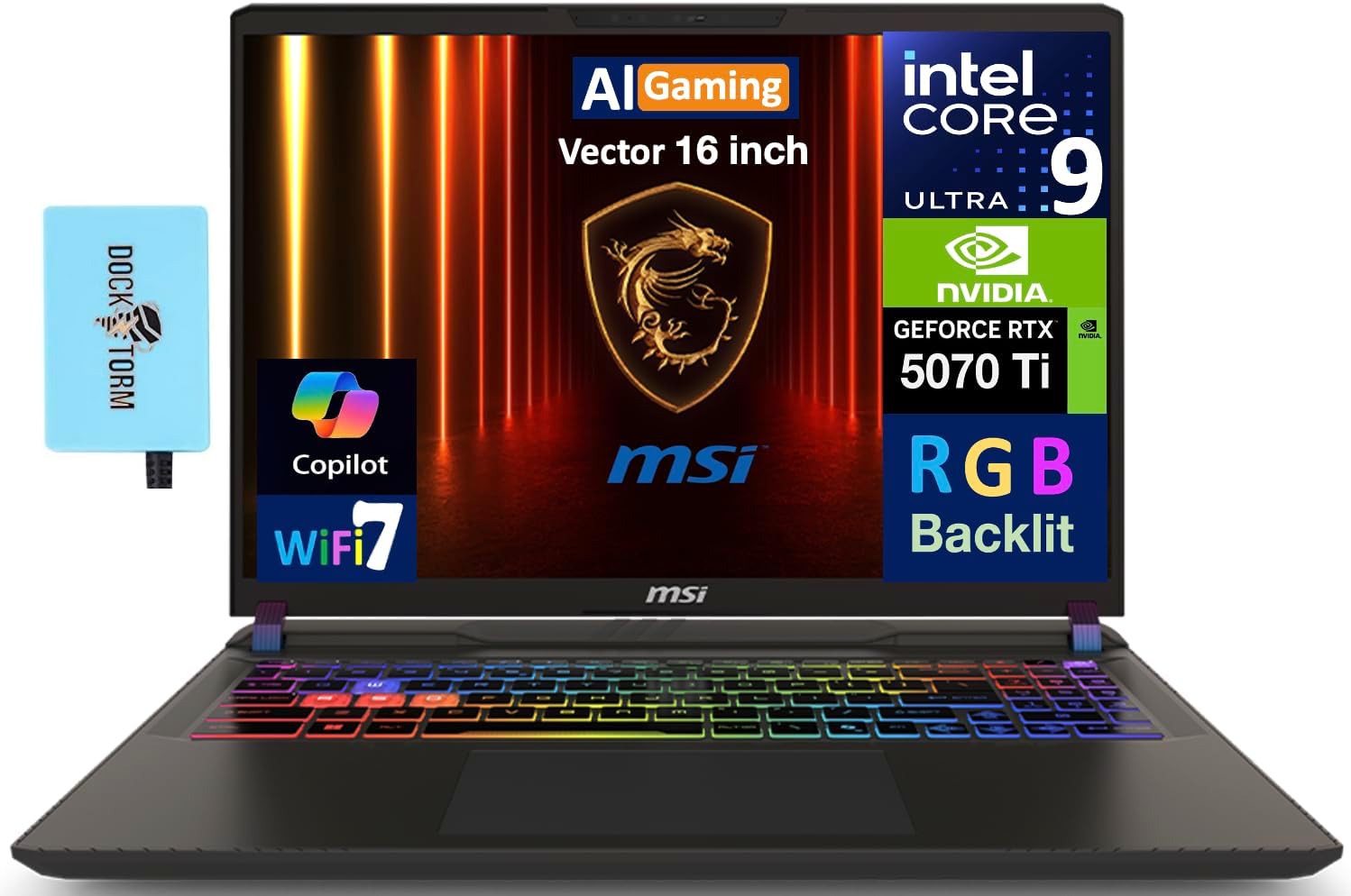 msi Vector AI Gaming Laptop 16.0″ 240Hz WQXGA Display (Intel Ultra 9-275HX, GeForce RTX 5070 Ti 12GB, 32GB DDR5, 4TB PCIe SSD, RGB KB, 2 Thunderbolt 4, Win 11 Pro) w/DKZ USB Port Expander