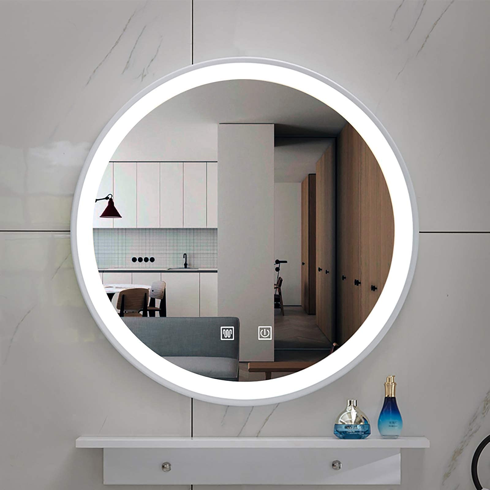 DBOATB Espejo de baño Redondo Iluminado con luz LED, Espejo de Maquillaje con Sensor de Control táctil, luz cálida/luz Blanca, Moderno Espejo de Montaje en Pared con Marco de Metal Redondo (B bla