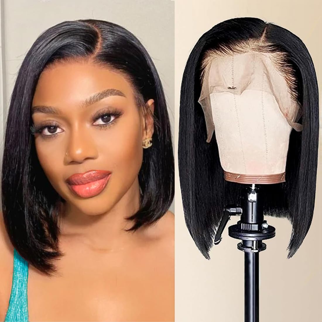 Bob Wig Human Hair 13x4 HD Lace Front Wigs for Women 10 Inch Straight Full Frontal Bob Wigs Pre Plucked Glueless Human Hair Wig Brazilian Real Short Bob Human Hair Wig 180% Density Natural Black