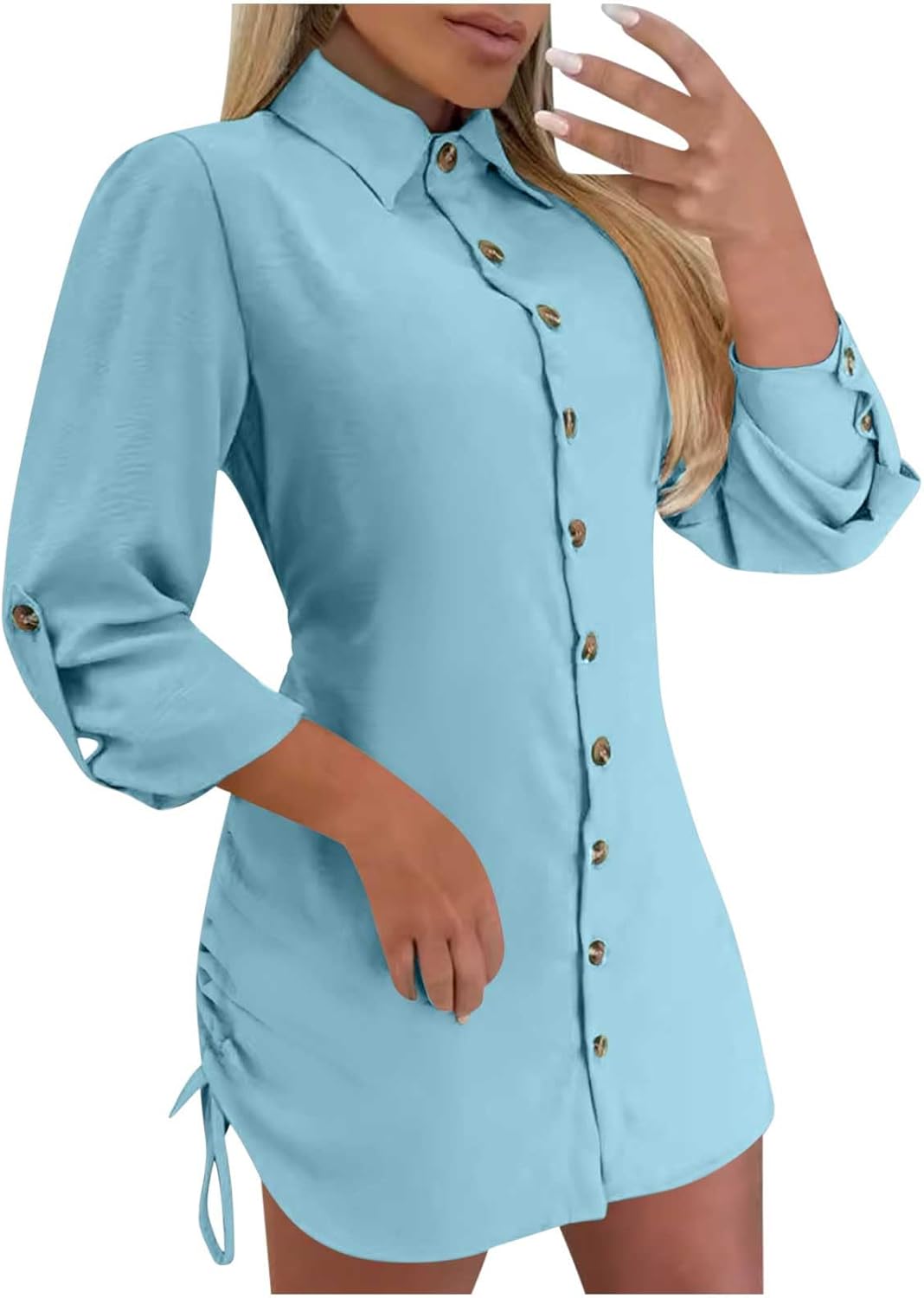 Oplxuo Women's Long Sleeve Button Down Shirt Dress Both Sides Drawstring Long Blouse Tunic Tops Collared Short Mini Dresses