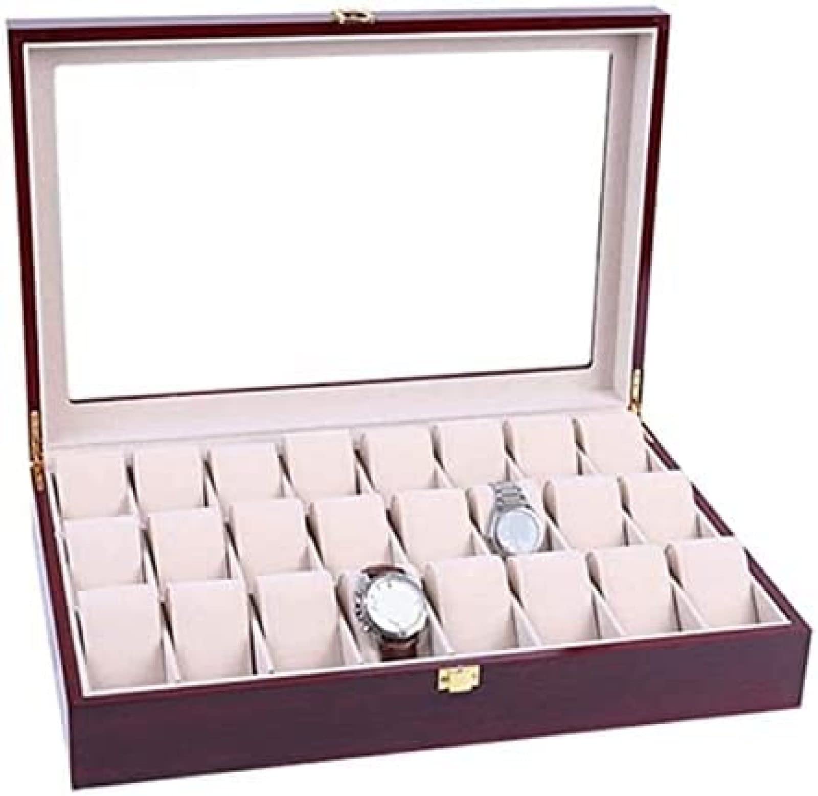 YNBSHGAA Elegant Storage for Watch Jewellery Wood 24 Grids Watch Box Organizer Clear Top Wristwatch Display Metal Buckle,Red Wood,44X29.5X9cm
