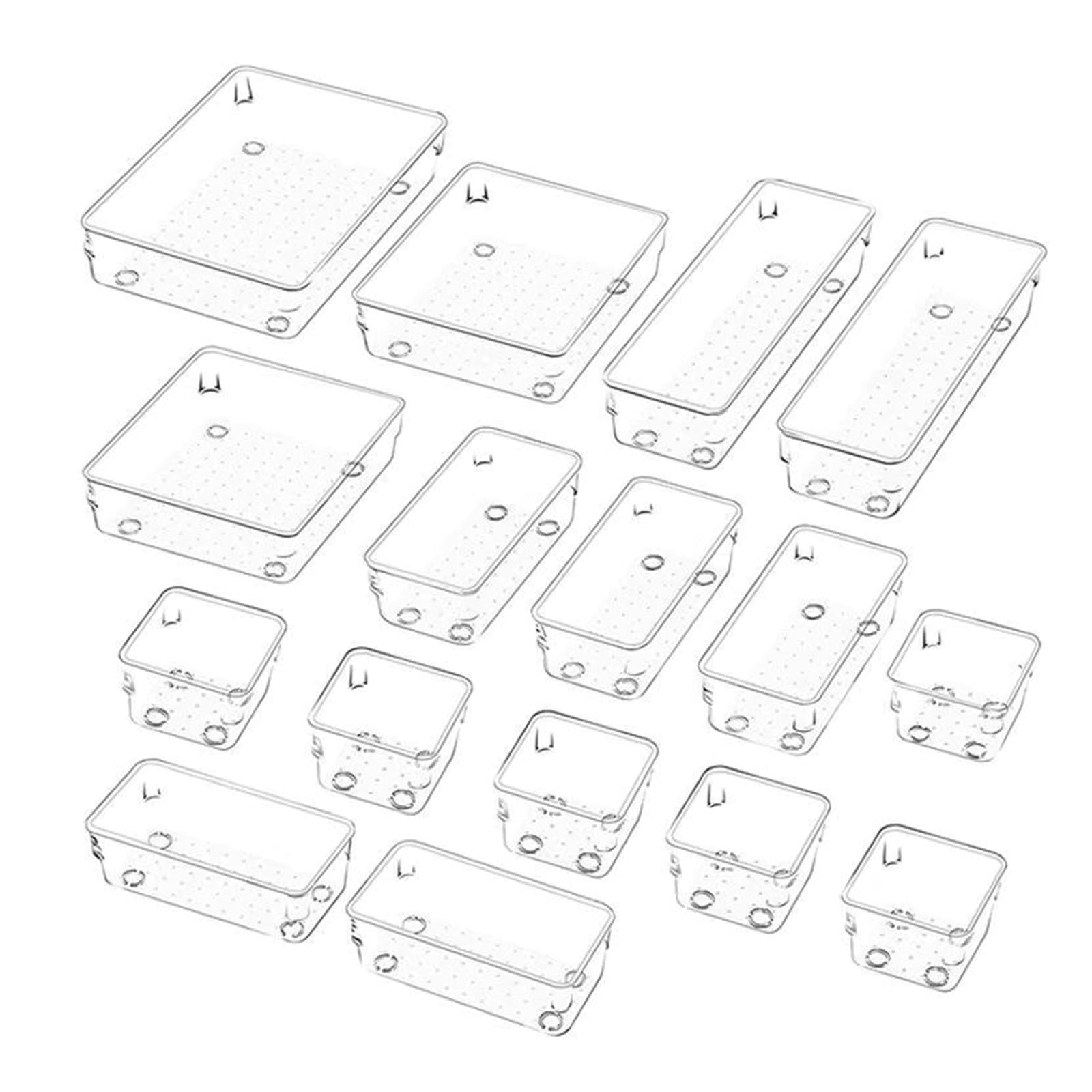 HDOYTXXM 16Pcs Clear Drawer Organiser Tray Set Makeup Trays Desk Dividers Bin for Kitchen Bedroom Bathroom Clear PET