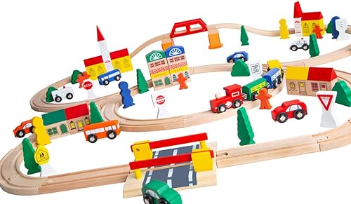 100-Piece Orbrium Juguetes triple-loop Conjunto tren de madera se adapta Thomas Brio Chuggington