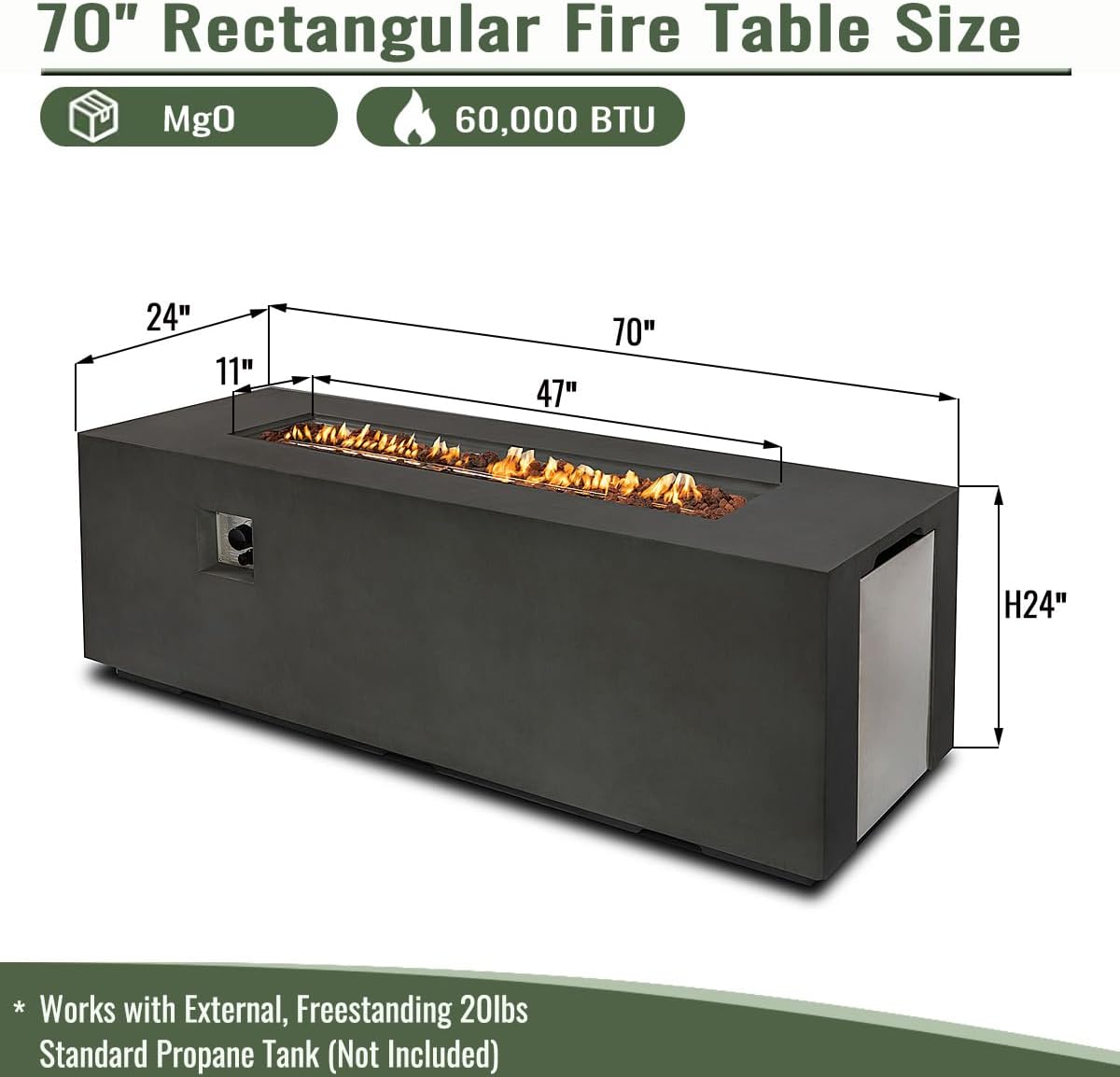 70 Inch Outdoor Propane Fire Pit Table for Outside Patio, Concrete Fire Pit Table, Rectangle Gas Fire Pit for Garden, Pool, Backyard, 60,000 BTU, Free Lava Rocks, Dark Gray