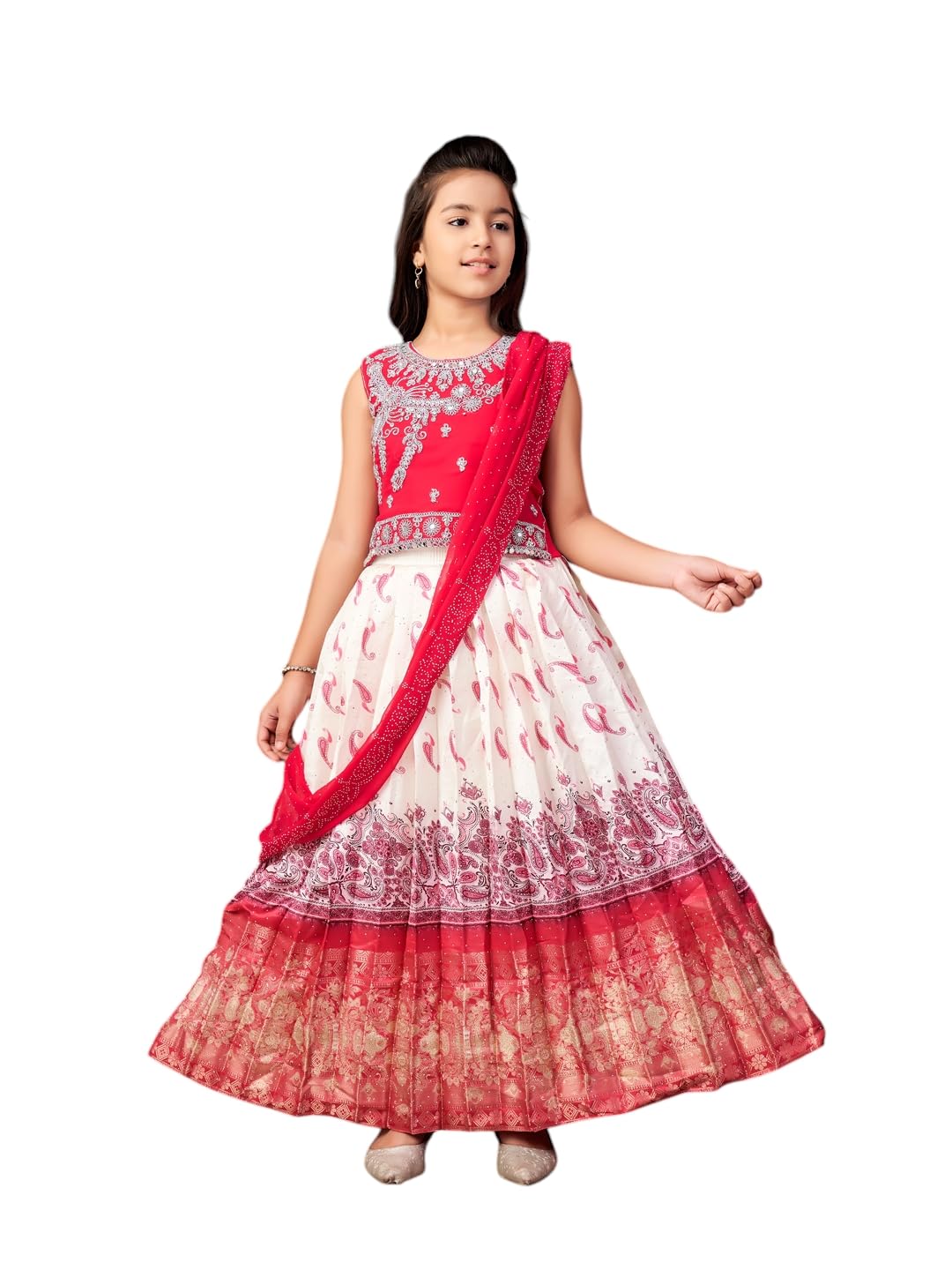 Aarika Girls Ethnic Wear Rani-Cream Colour Mirror Embroidery Georgette Lehenga Choli Set With Attached Dupatta-4-15 Years (Lch-9435)