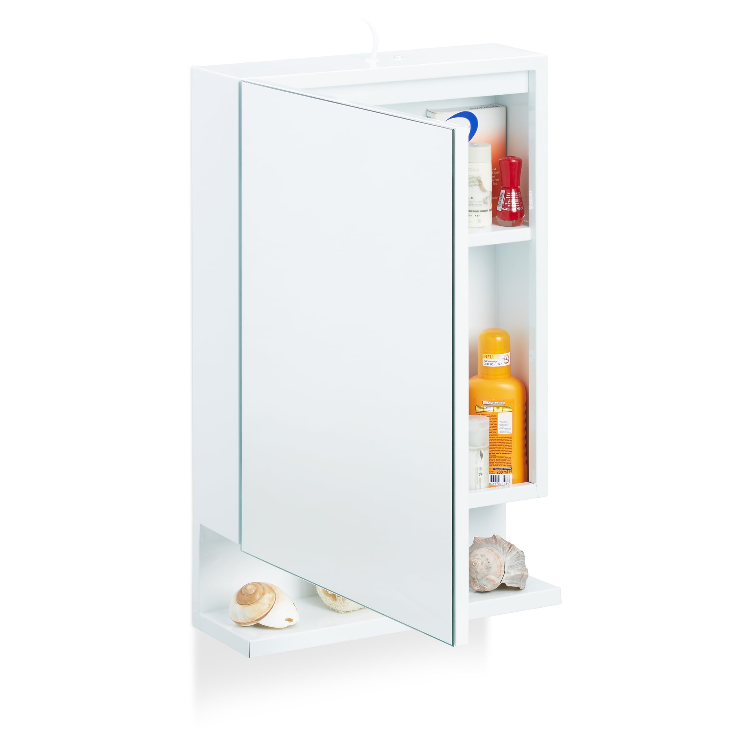 Relaxdays, Blanc Armoire de Toilette 1 Porte Miroir 3Tablettes Prise Courant Meuble Mural Placard SDB, 55x35x12 cm, HLP 55 x 35