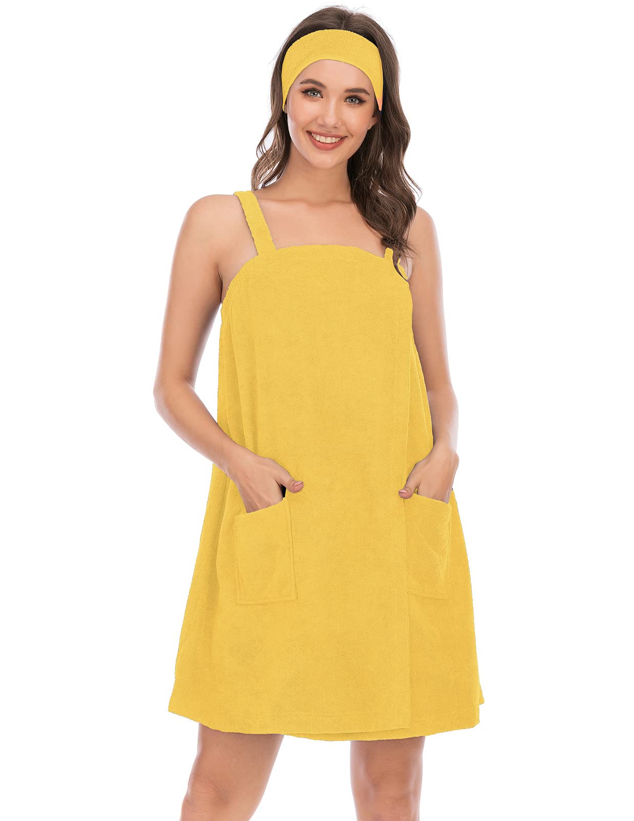 Veseacky Women Bath Wrap Towel for Womens Shower with Pocket Adjustable Spa Robe & Facial Headband