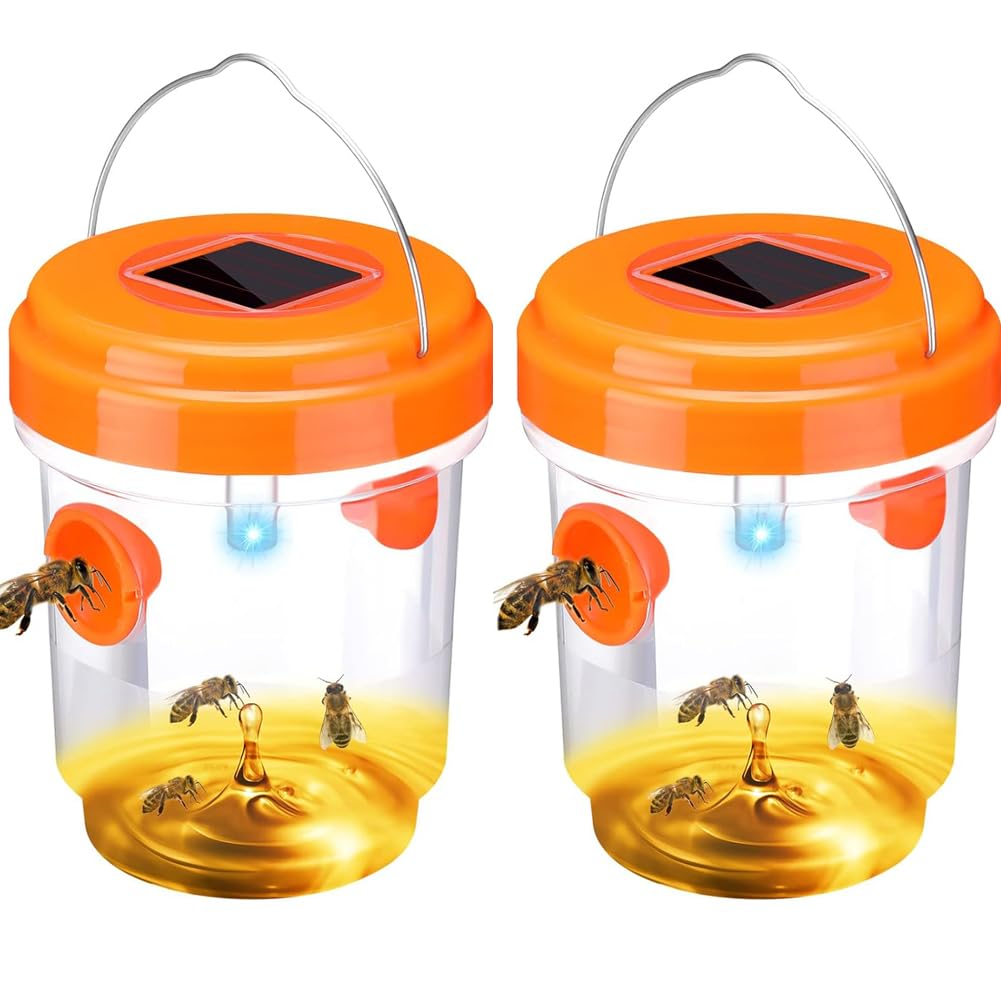 2PACK Wasp Trap,Wasp Trap Outdoor Hanging,Yellow Jacket Trap,Reusable Hanging Hornet Trap,Bee Catcher Outdoor Hornet Traps,Solar Powered Wasp Killer Hanging with UV LED Light(orange)