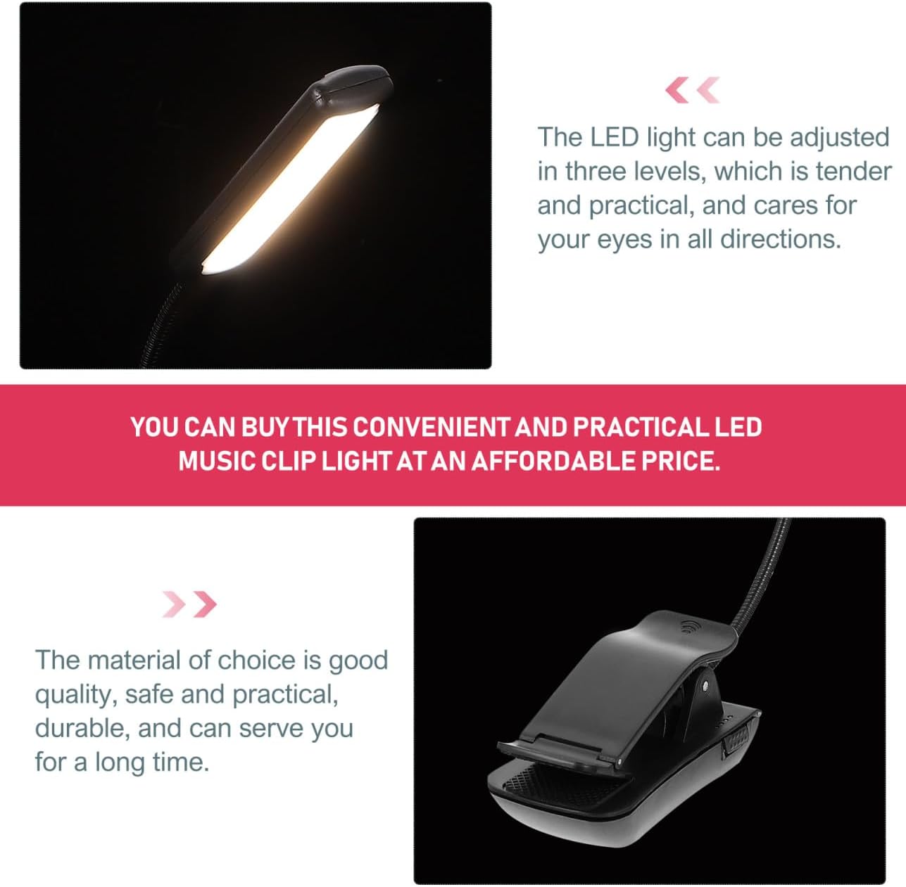 Rechargeable LED Reading Clip Lamp, 2pcs Small Music Stand Lights with Clamp for Bedside and Desk Use, Portable Eye-Care Book Lights for Night Reading