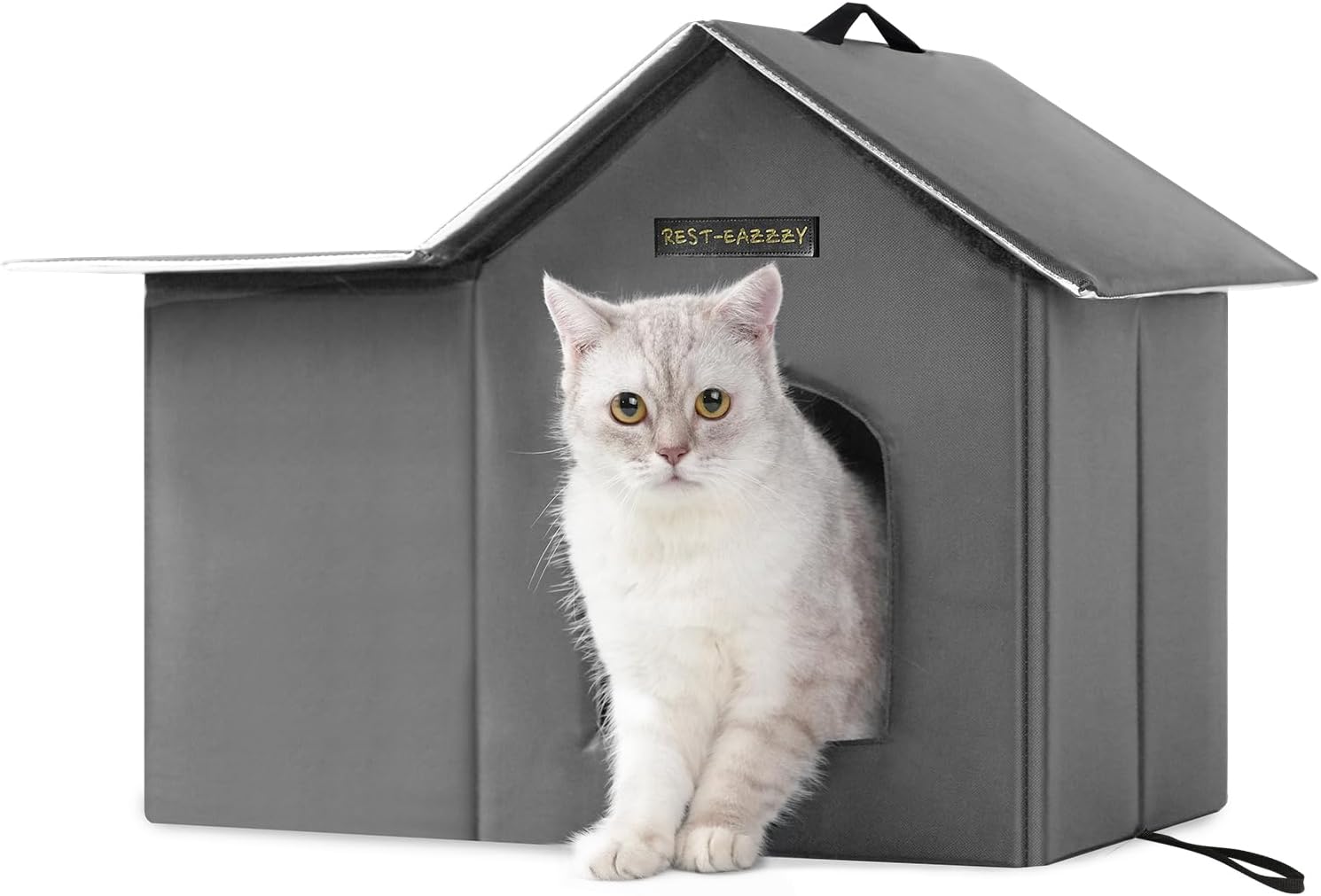 Rest-Eazzzy Outdoor Cat House, Feral Cat House Insulated with Mat and Clip, Weatherproof and Insulated, Cat Beds for Cats Kittens Puppies, Never Blow Away (Grey, M 13" X 17" X 20") grey M 13" X 17" X 20"