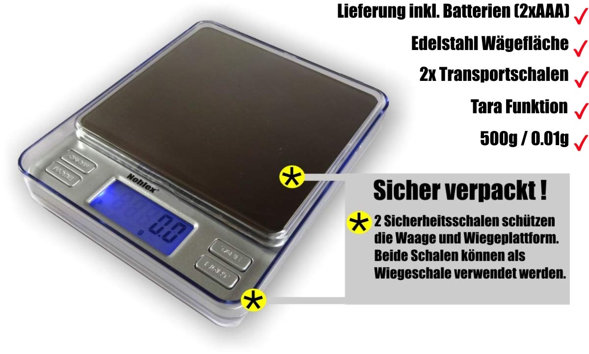 NTP500X Premium Feinwaage 500g/0.01g. Beleuchtete Anzeige - Edelstahl Wägeplatte - Goldwaage Münzwaage Digitalwaage Laborwaage Barista Waage