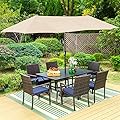 Sophia & William 8 Pieces Patio Dining Set with 13 Ft Beige Double-Sided Twin Umbrella, Outdoor Rattan Chairs & Metal Table Set with Cushions and 1.57" Umbrella Hole for Backyard Porch Poolside