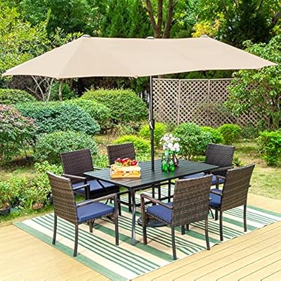 Sophia & William 8 Pieces Patio Dining Set with 13 Ft Beige Double-Sided Twin Umbrella, Outdoor Rattan Chairs & Metal Table Set with Cushions and 1.57" Umbrella Hole for Backyard Porch Poolside