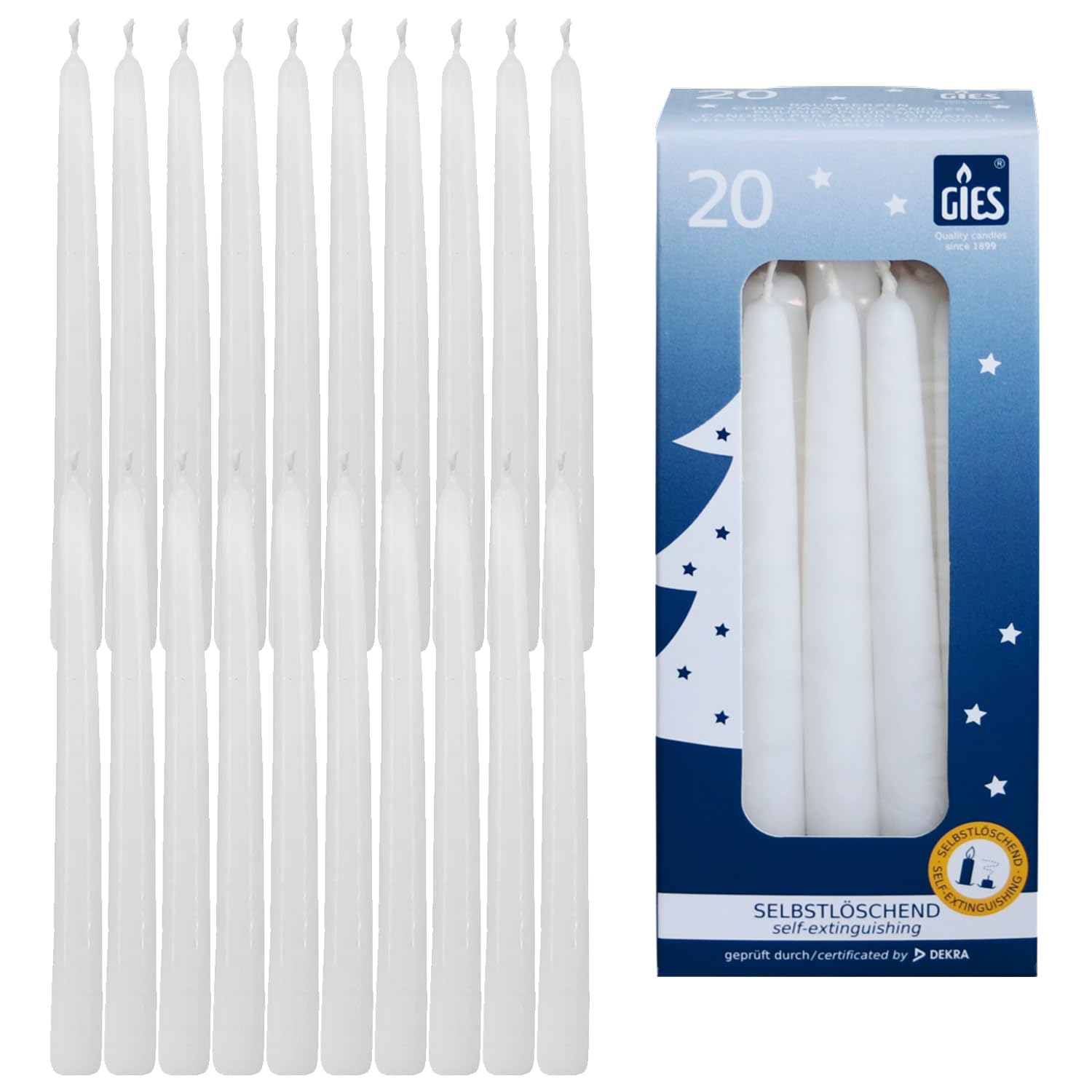 GIES Candle Set White | Pack of 20 Self-Extinguishing Tree Candles Wax 12.4 cm x 1.2 cm - Christmas Candles Pyramid Candles Christmas Tree Candles Hand Dipped Quality