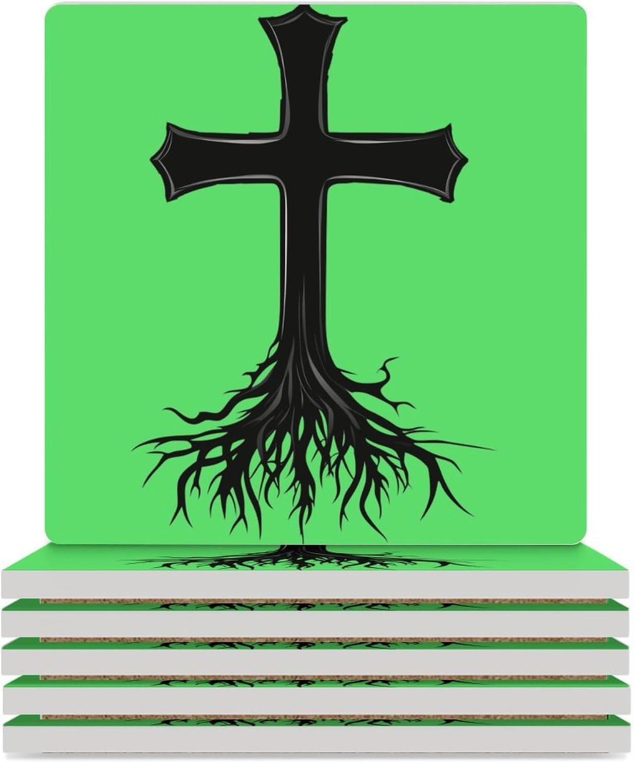 Christian Crosss Roots Jesues Ceramic Coasters Set Square Drink Coasters Table Coaster for Kitchen Desktop Decor