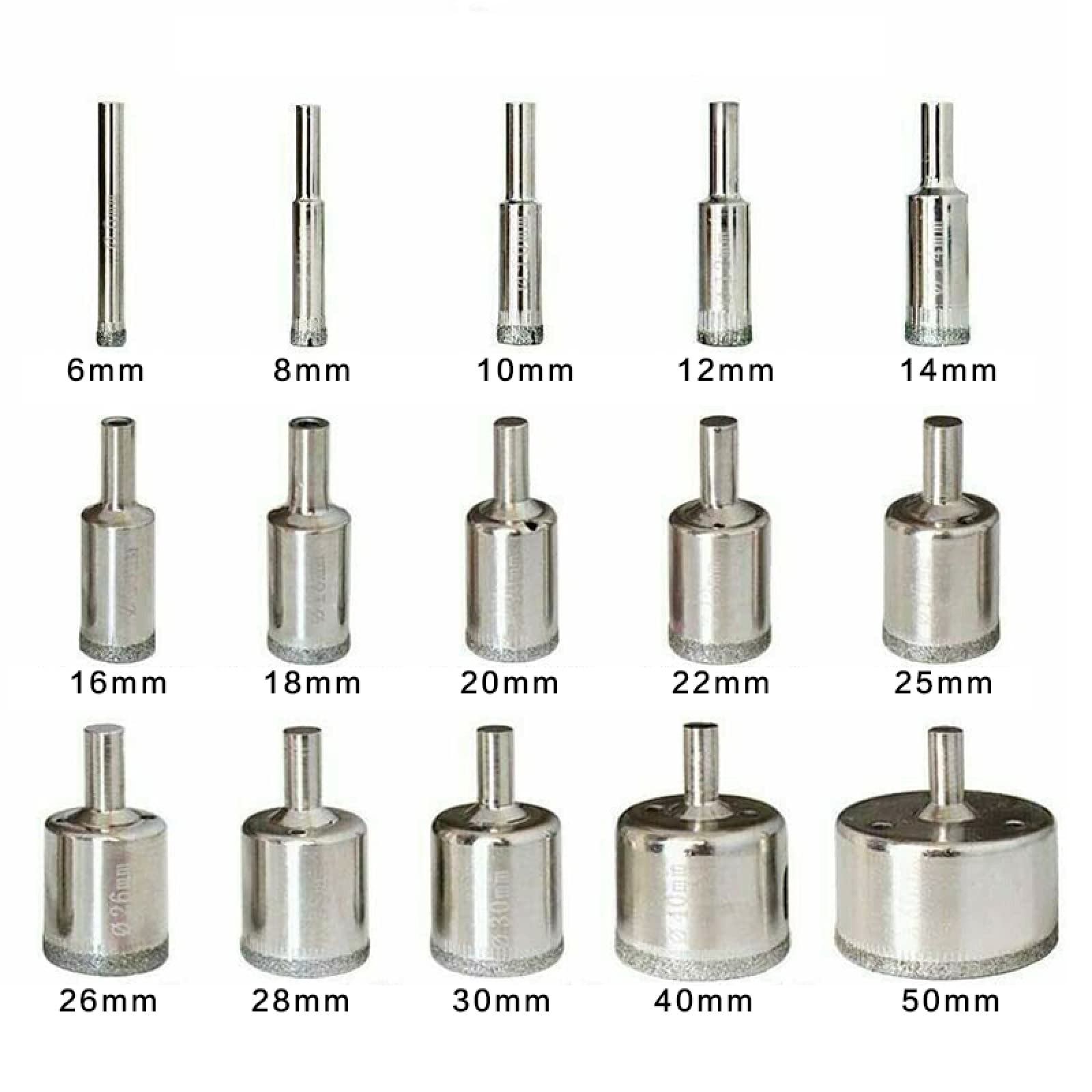 Brocas Juego de Brocas Hss con Revestimiento de Diamante, 15 Uds., 6-50mm, Azulejos, mármol, Vidrio, cerámica, Sierra de Agujeros, Brocas de perforación Abiertas, Broca de núcleo de Diamante