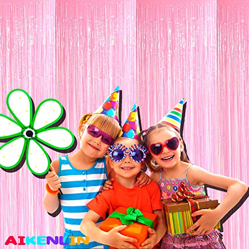 Image of 4 Pack 3.2Ft x 8.2Ft Pink Foil Fringe Curtain Backdrop, Metallic Tinsel Foil Fringe Streamers Curtains Background for Photo Booth, Birthday, Wedding, Halloween, Christmas Party Decoration