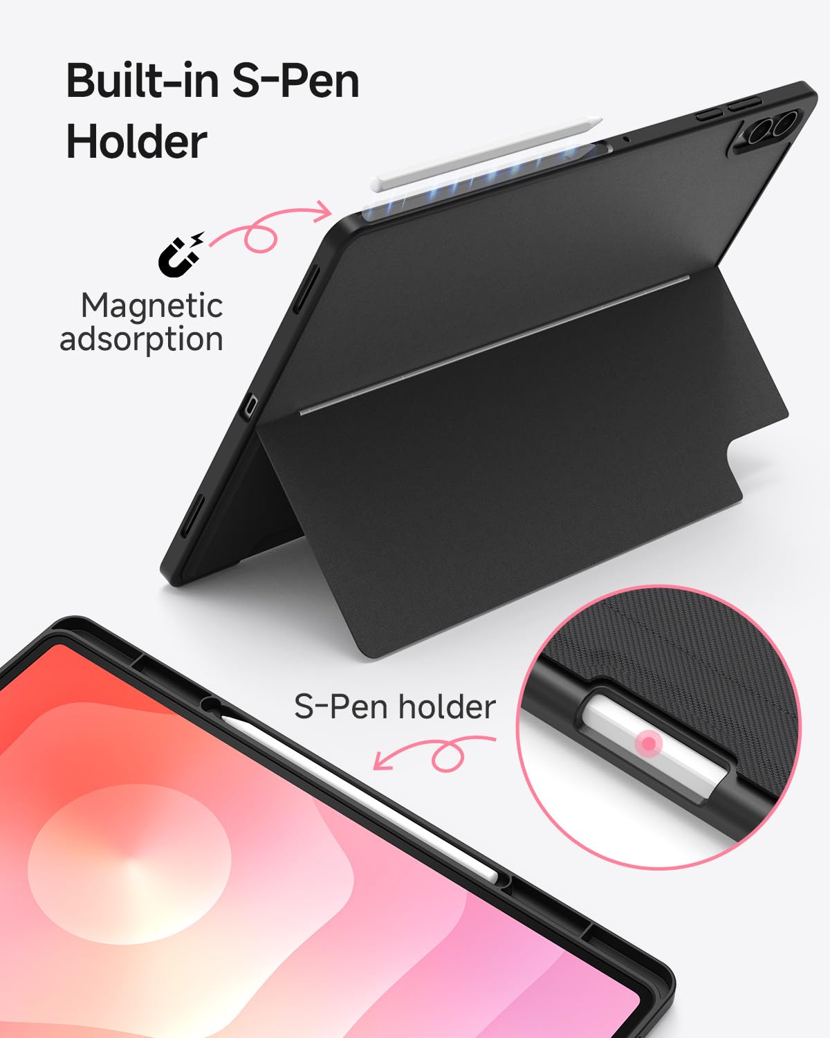 CACOE - Carcasa para Samsung Galaxy Tab S11 Ultra 14.6" 2025 con puerta S Pen, placa frontal extraíble, multiángulo, color negro