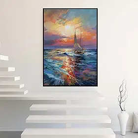 Quadro Decorativo com Moldura Pintura Mar Pôr do Sol com Barco Vertical para Sala Quarto e Hall