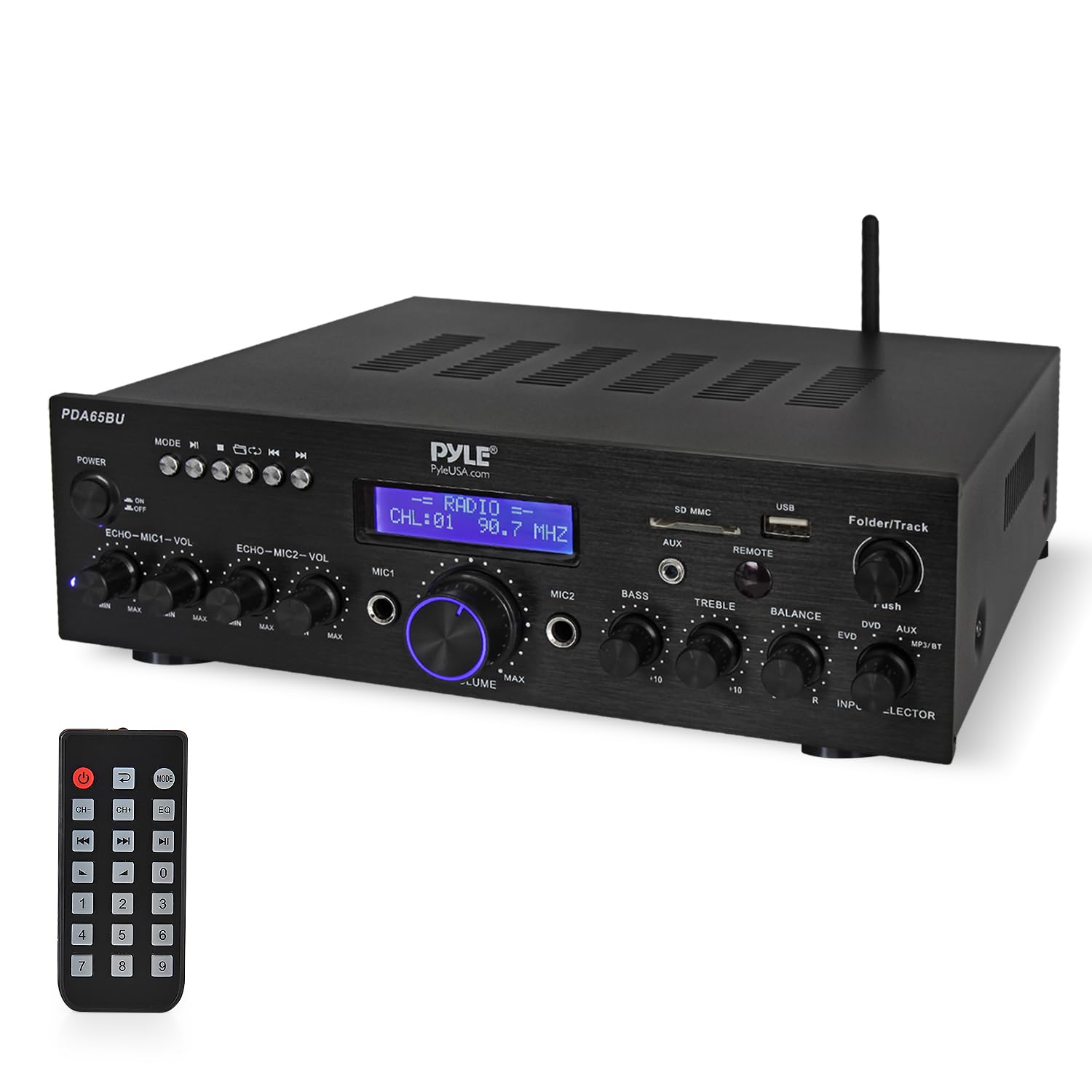 Pyle 200W Wireless Bluetooth Power Amplifier - Dual Channel Stereo Receiver with USB Flash Reader - SD Card - AUX - MIC IN w/ Echo - Radio - Home Theater - Studio Use - RCA Output - PDA65BU