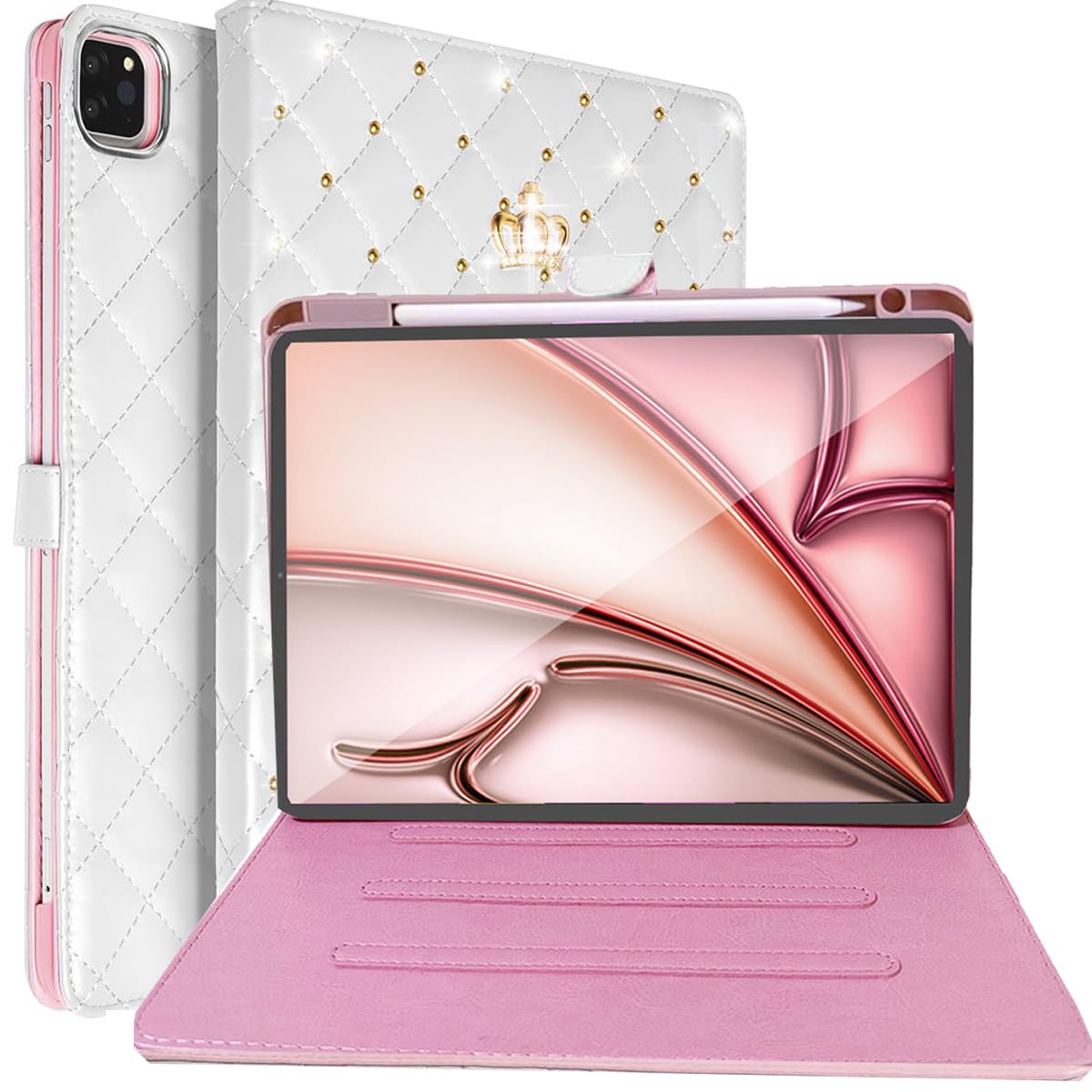 Changjia for iPad Air 11 Inch Case M4 (2026)/M3 (2025)/M2 (2024), iPad Air 5th/4th Gen 10.9" (2022/2020) with Pencil Holder,Girly Cute Crown Diamond