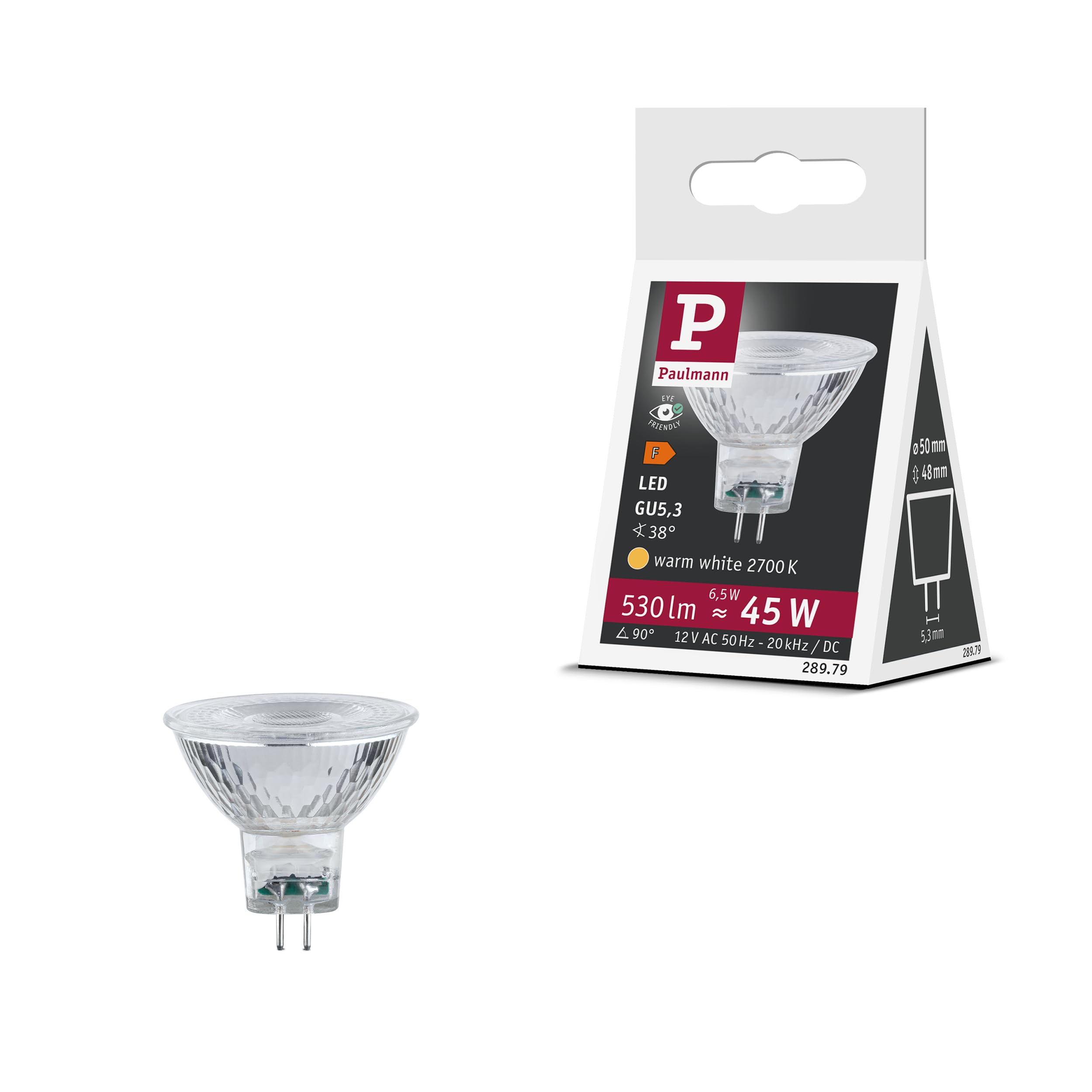 Paulmann 28979 Standard 12V LED Reflector GU5.3 12V 6.5W 530lm 50mm Silver Glass 2700K – Warm White lamp