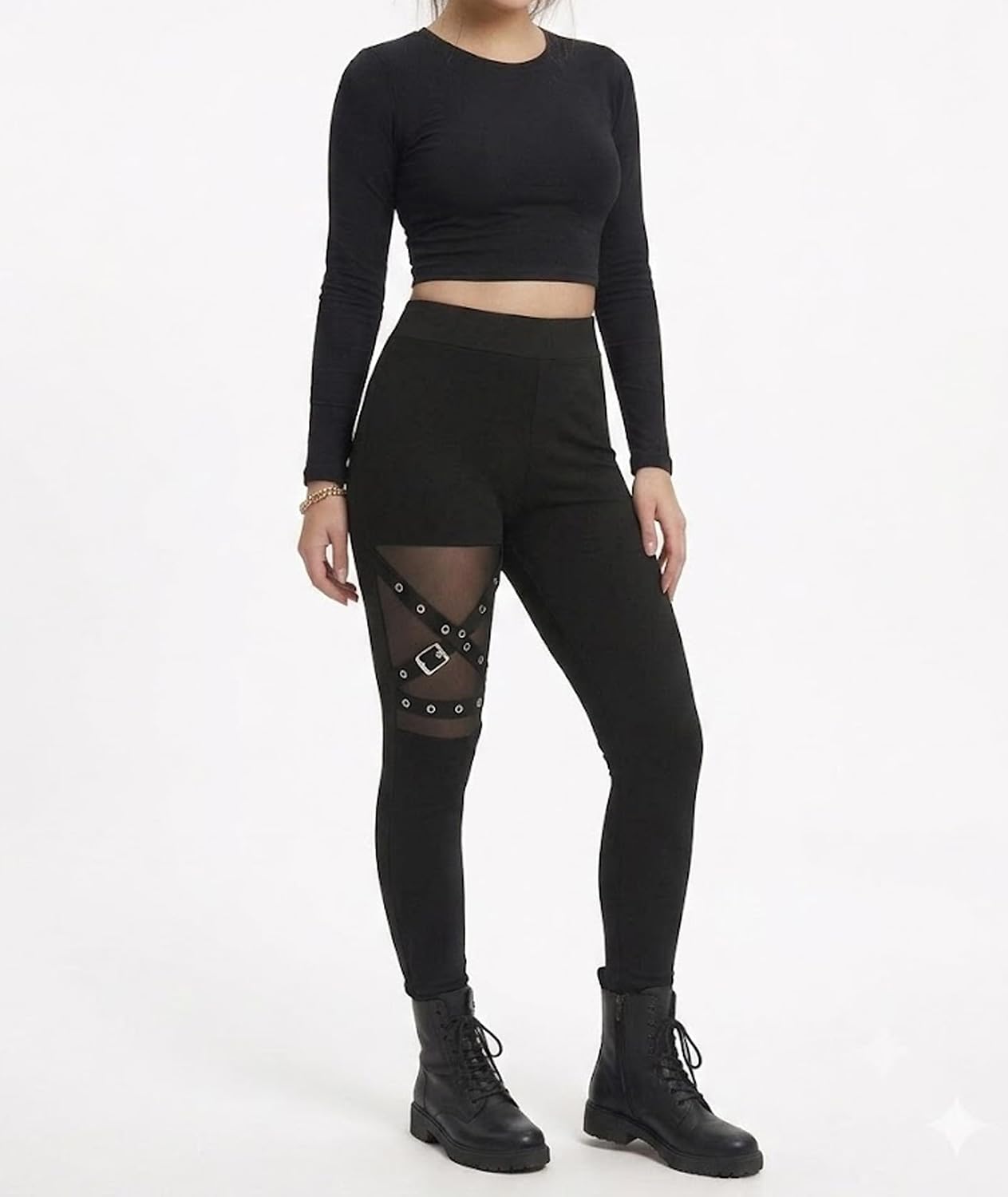 xxxiticat Women Lace Up Legging Pants Black Gothic Buckle Strap Goth Tights