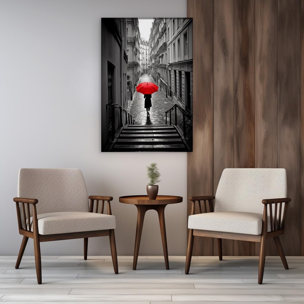Canvas for Living room. A Pop of Color in a Monochrome World The Lady with the Red Umbrella Ascends, 27 x 18 inch Canvas Wall Art - Modern Home Decor