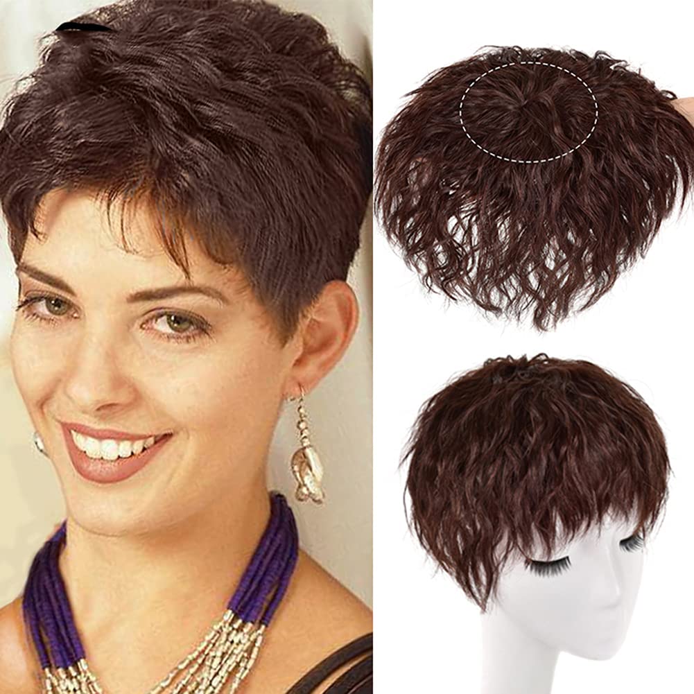YYDS Fluffy Messy Human Hair Topper Wig with bangs Increase the amount of hair on the top of the head to cover the white hair Hairpiece (12x12 35CM Dark Brown)