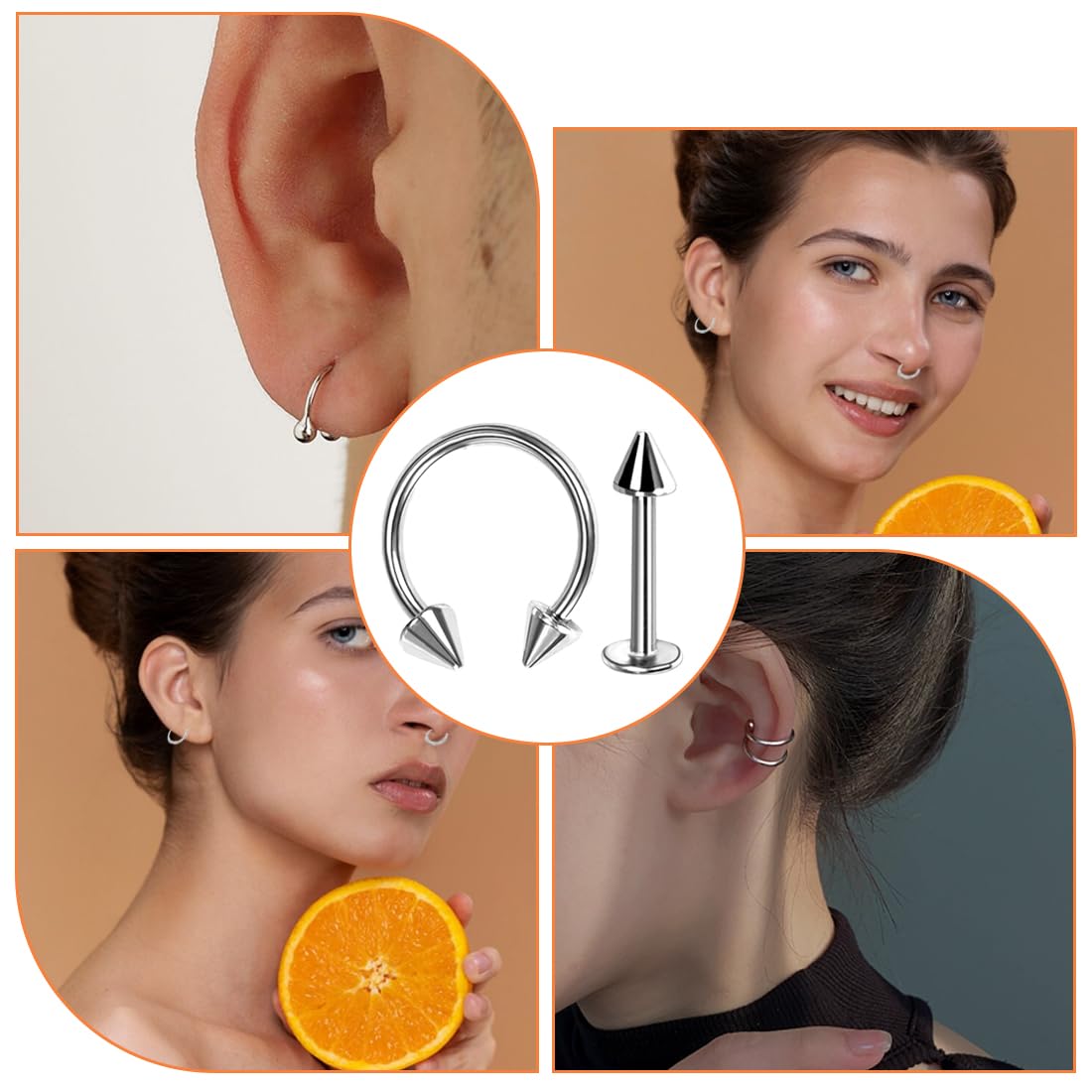 Set de Piercing Nasal Acero Quirúrgico 14 Piezas Pendientes Ceja Tragus Helix Aros Nariz Labio Labret Joya (1.2*8mm) Plateado