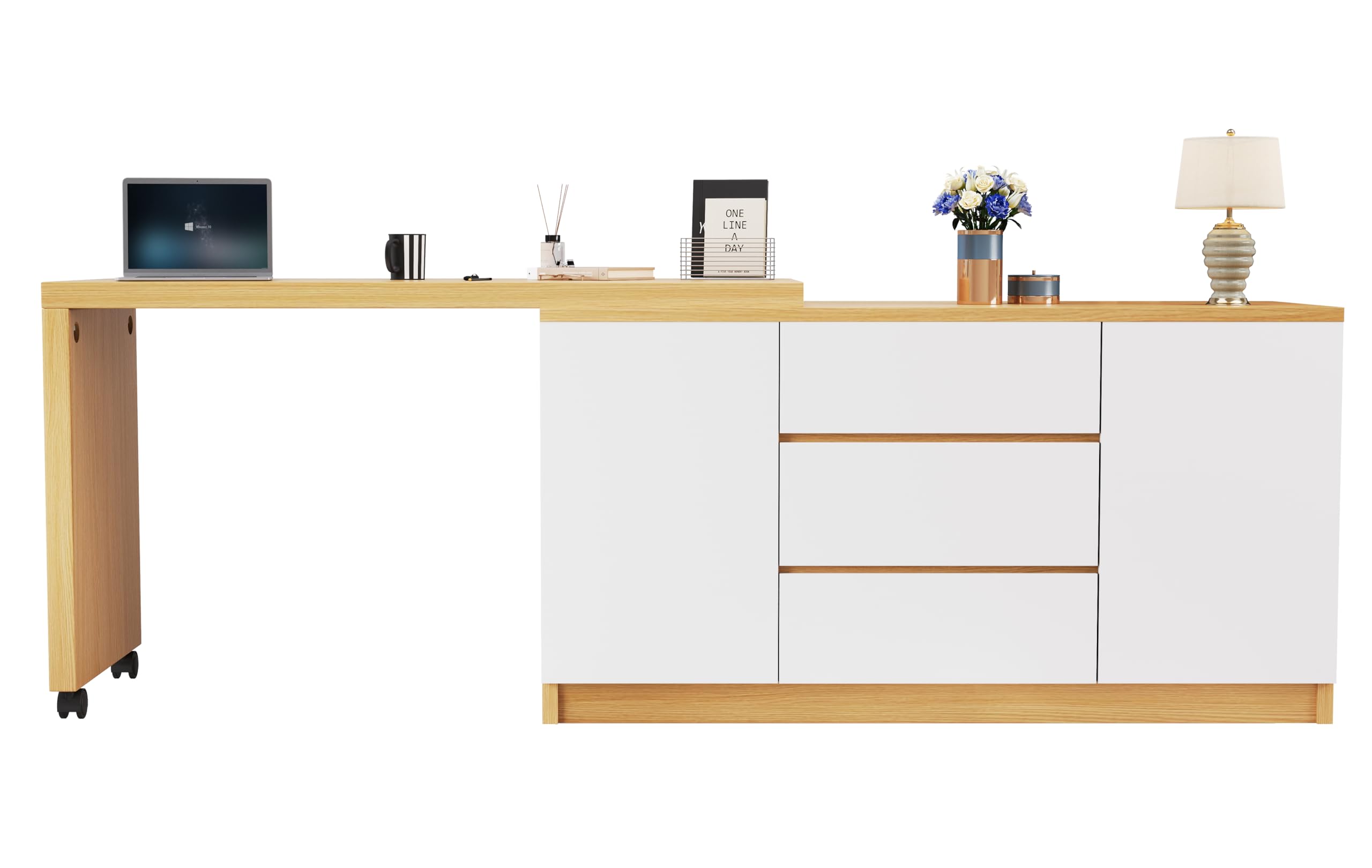 Escritorio con ruedas con bloqueo, diseño multifuncional, 4 cm de grosor, mesa giratoria con bloqueo fijo, blanco/roble, plegable, escritorio esquinero, aparador, material grueso