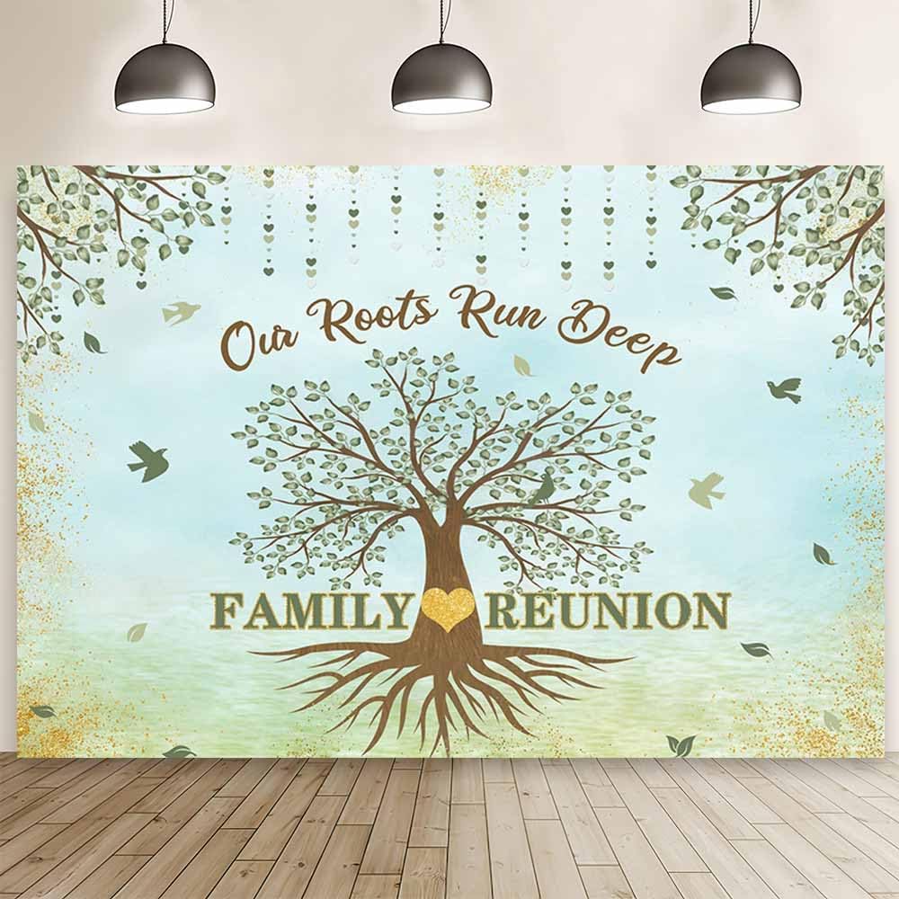 MEHOFOND 8x6ft Family Reunion Backdrop - Our Roots Run Deep Photography Background with Green Family Tree Leaves Heart Glitter Dots Decorations for Sweet Home Housewarming Party Cake Smash Photo Props