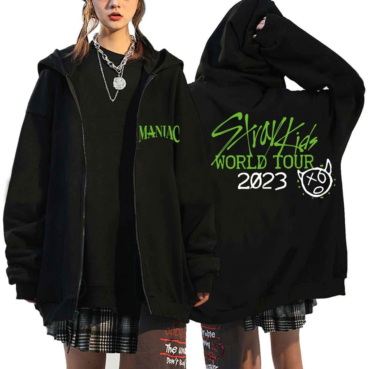 Mens Womens Kpop Stray Kids MANIAC Y2K Zip Up Hoodie Sweatshirt Casual Cardigan E-Girl 90s Oversized Sweatshirt Vintage Streetwear Jacket Coat