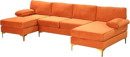 Miniatura 190 de Sofá modular moderno en forma de L, con diván extra ancho y patas doradas Gris,Negro -,Verde,Naranja,Gris oscuro,marino,Púrpura