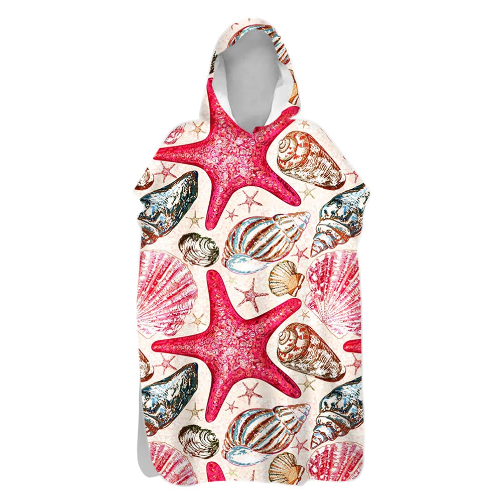 DOTBUY Hooded Poncho Towel for Kids Adults Changing Robe - 3D Dolphin Printed Microfiber Quick Dry Lightweight Men Women Beach Swim Surf Poncho (Red Starfish,80x145cm)