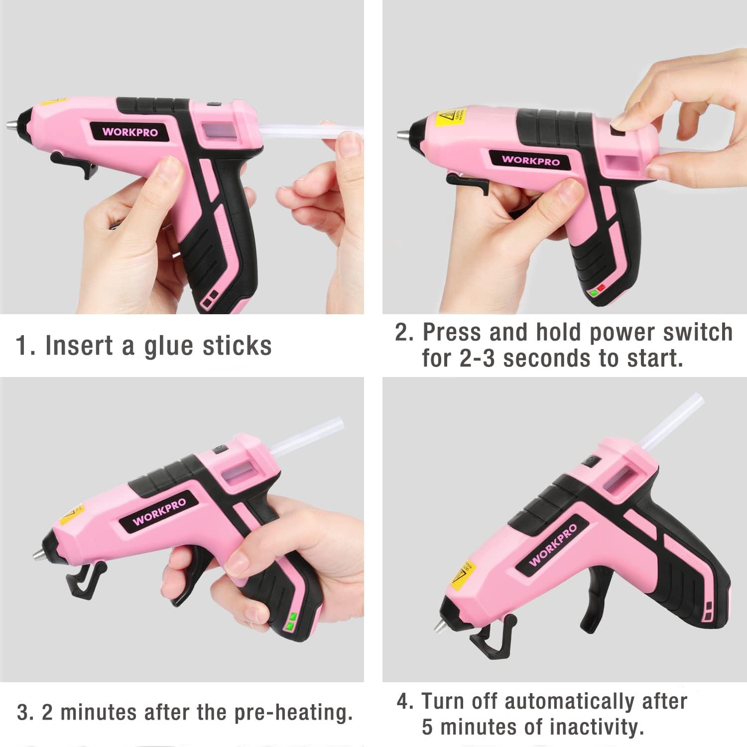 WORKPRO Cordless Hot Melt Glue Gun, Rechargeable Fast Preheating Mini Glue Gun Kit with 20 Pc Premium Glue Stick, Automatic-Power-Off Glue Gun for Art, Crafts, Decorations, Fast Repairs, Pink Ribbon : Arts, Crafts & Sewing