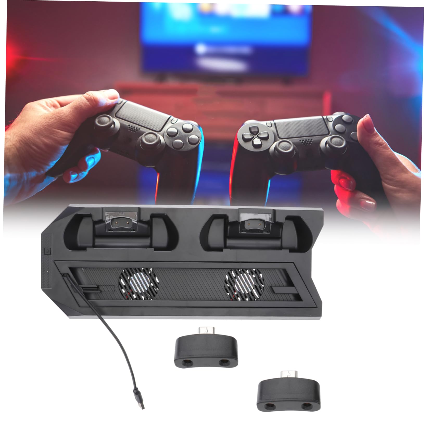 Supporto Verticale con Ventola per 4 Slim e 4 Pro Nero Abs | 2 Ventole Integrate, 2 Porte di Ricarica, 3 Porte USB Hub, per Mouse e Game Console