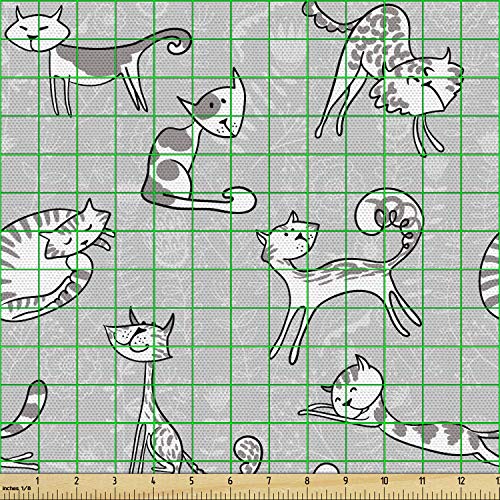 Image of Ambesonne Soft Grey Fabric by The Yard, Cats Posing Over Floral Background Feline Kitten Kitty Cartoon Art Prints, Decorative Fabric for Upholstery and Home Accents, 3 Yards, Soft Grey