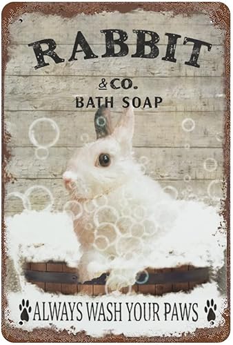 Placa colgante de hierro vintage con diseño de conejo y jabón de metal con texto en inglés "Wash Your Paws", letrero de hojalata retro divertido