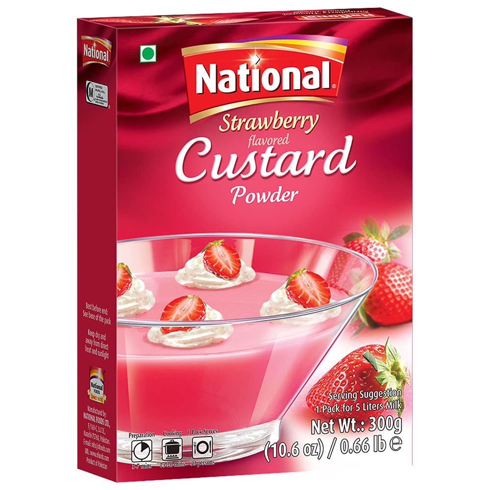 National Foods Custard Powder - Strawberry 10.58 oz (300g) | Easy to Cook | Sweet & Tasty Treat | Smooth & Creamy | Rich Dessert | Box Pack