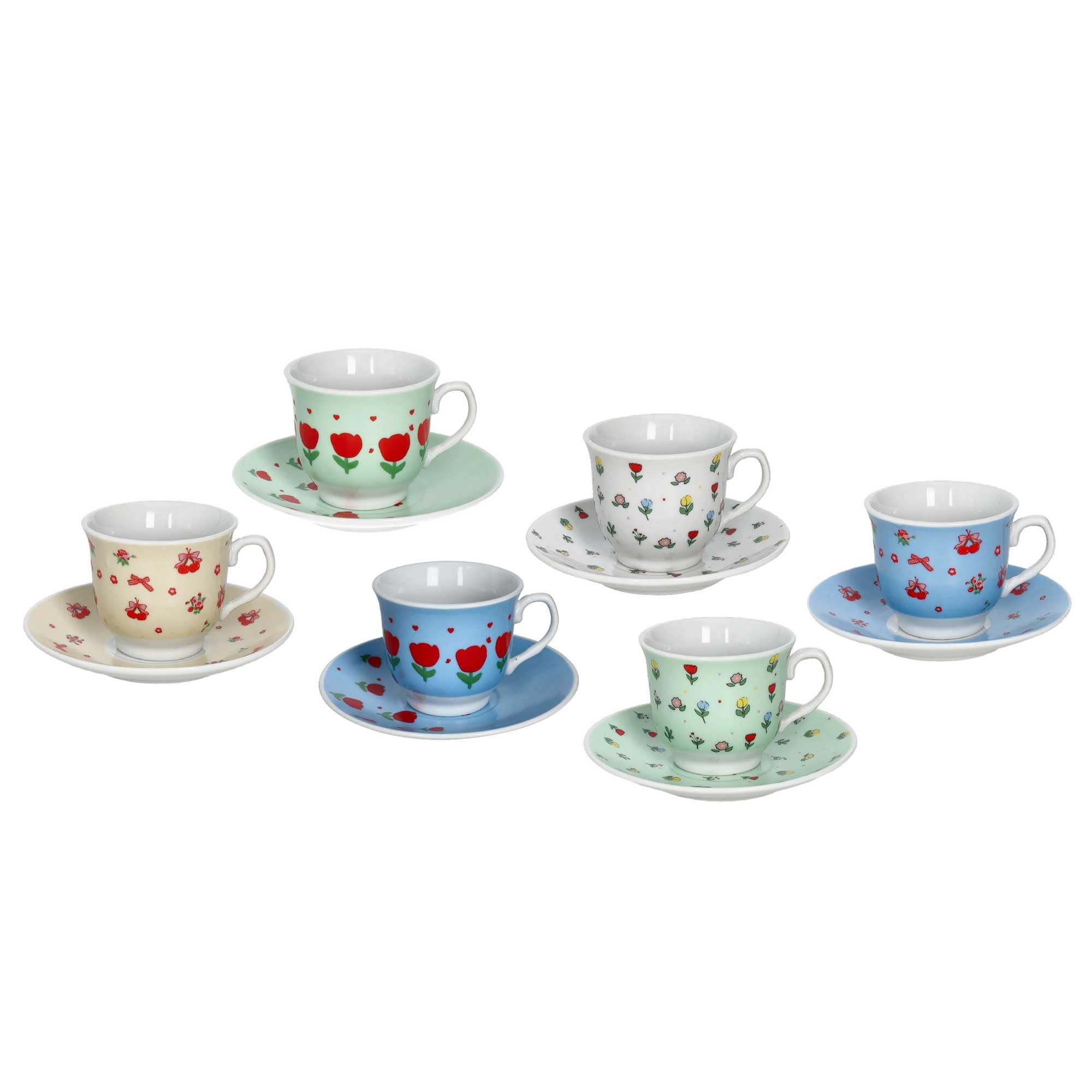 BRANDANI Set 6 Tazzine da caffè con Piattino in Porcellana Colori Assortiti