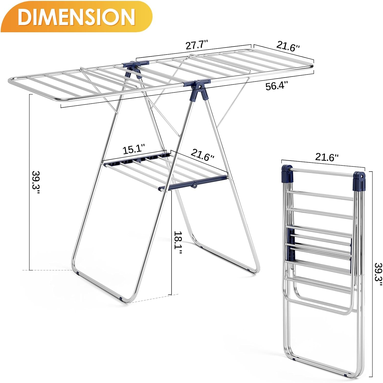KINGBOARD Clothes Drying Rack,Stainless Steel Laundry Drying Rack with Height-Adjustable, Foldable Gullwing for Easy Storage, No Assembly, Indoor Outdoor Use, 56.4" D x 21.6" W x 39.3" H, Blue