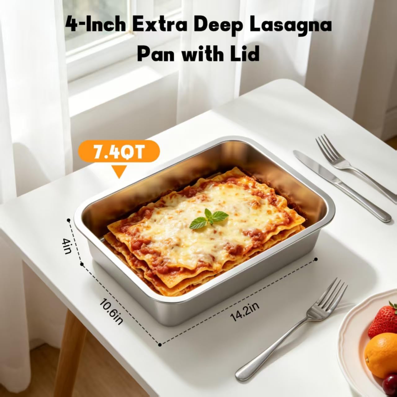 4-Inch Extra Deep Lasagna Pan with Lid,7.4QT Stainless Steel Lasagna Baking Dish for Family,14x10.6 Inch Deep Baking Pan for Casserole Brownie Turkey(1, M)