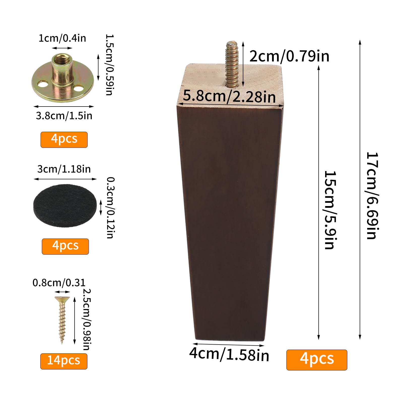 Zythrem Wooden Furniture Legs 15cm/6inch Walnut Sofa Legs Set of 4 Wooden Bed Leg Chair Leg Square Furniture Feet Replacement Sofa Feet with Mounting Plates Screws Protection Pad for Couch Cabinet - Image 2