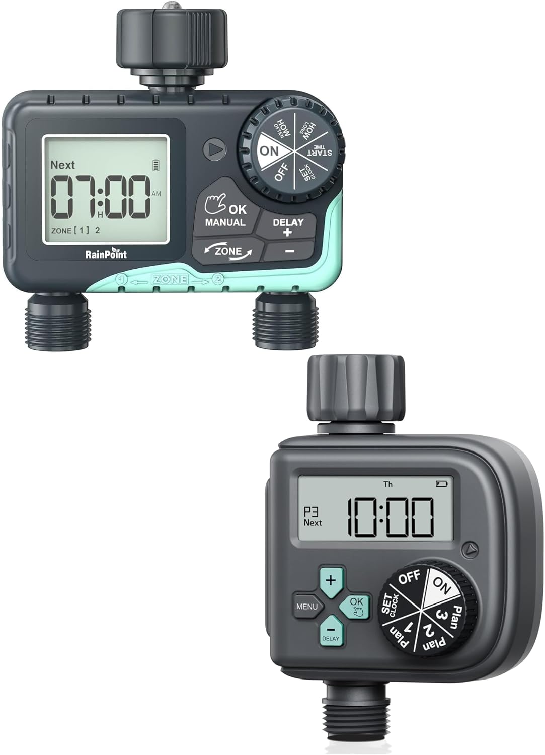 RAINPOINT Water Timer for Garden Hose - 2 Zone Sprinkler Timer, Sprinkler Timer with 3 Independent Programs