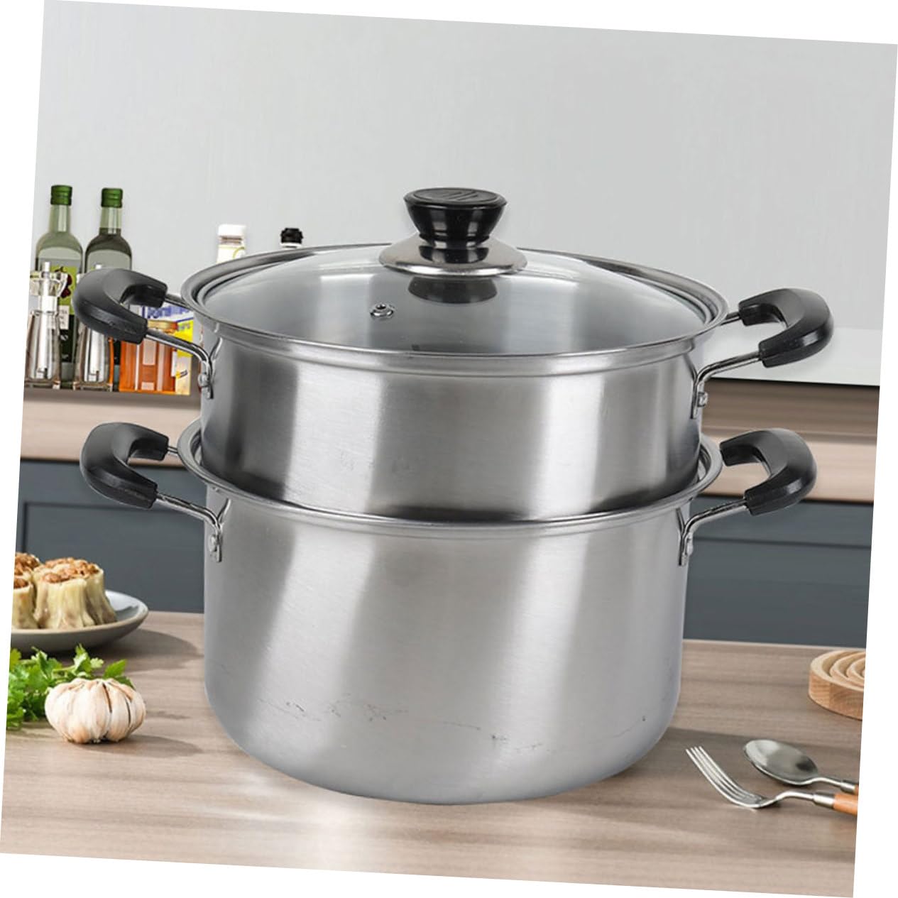 Edelstahl Suppentopf mit Dampfkorb, Silber, für Nudelgerichte | Sanftes Kochen, Vielseitig Einsetzbar im Küchenalltag, Robustes Edelstahl Design