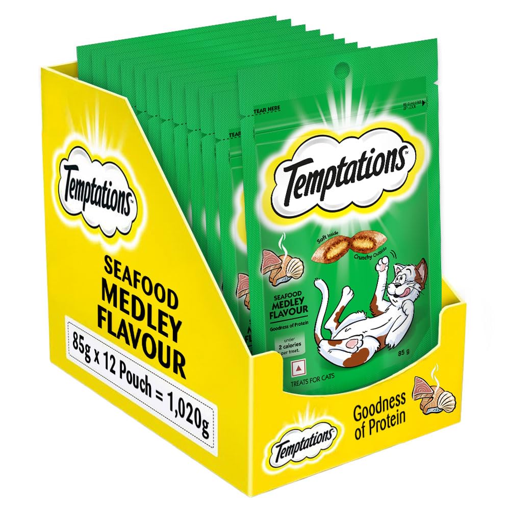 Temptations Crunchy Cat Treats, Seafood Medley Flavour, 85 g (Pack of 12), Goodness of Protein, Vitamins & Minerals, Soft Inside Crunchy Outside