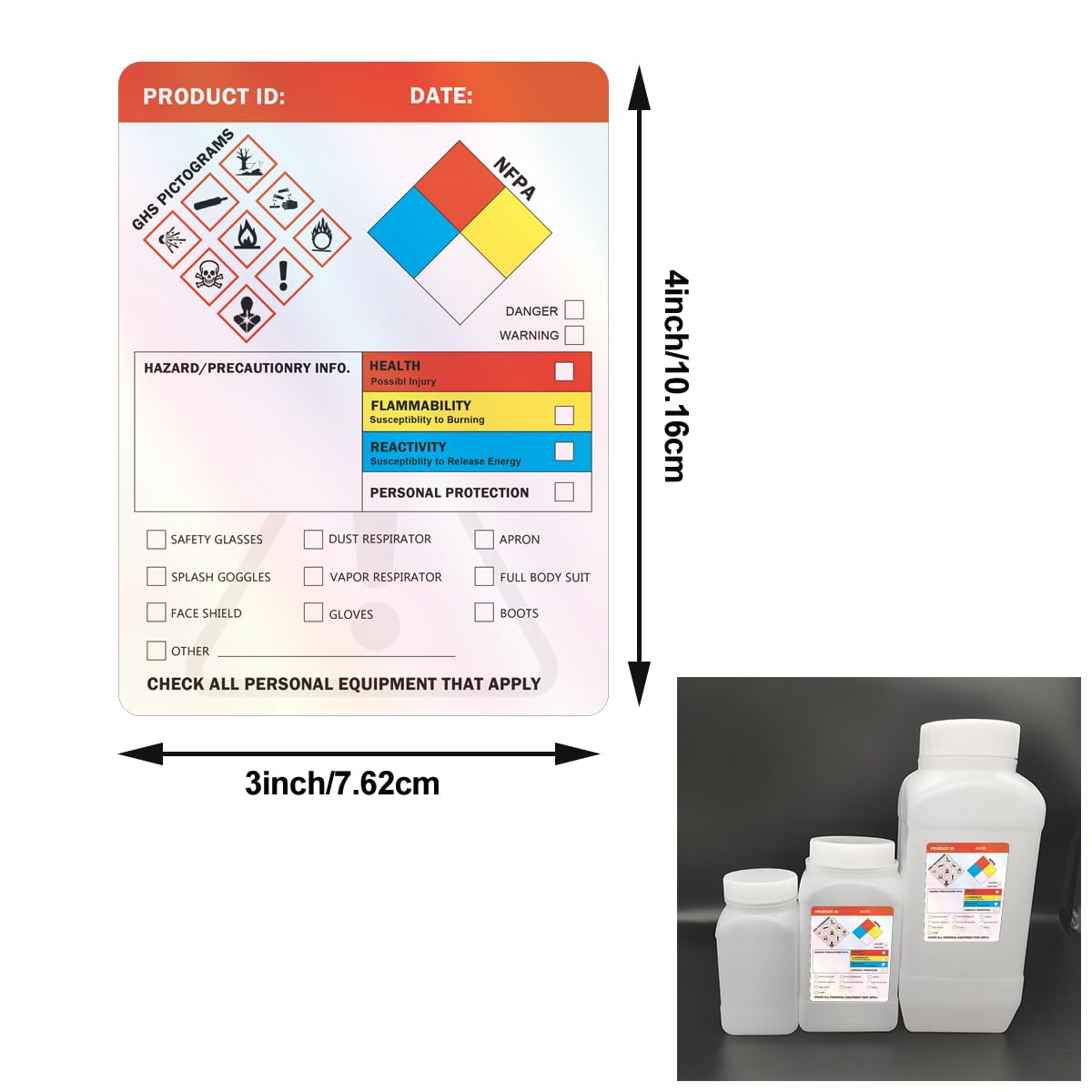 250 calcomanías holográficas HMIS OSHA de datos de seguridad química peligrosa de 4 x 3 pulgadas SDS Etiqueta de identificación de seguridad química MSDS con pictogramas GHS para HMIS y Hazard