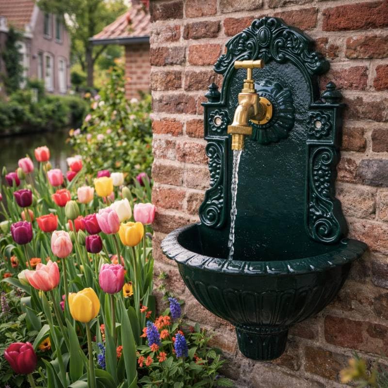 Fontaine de Jardin de Charme Murale Source Fonte Patinée Vert avec Robinet Fonctionnel en Laiton 14x25x40cm