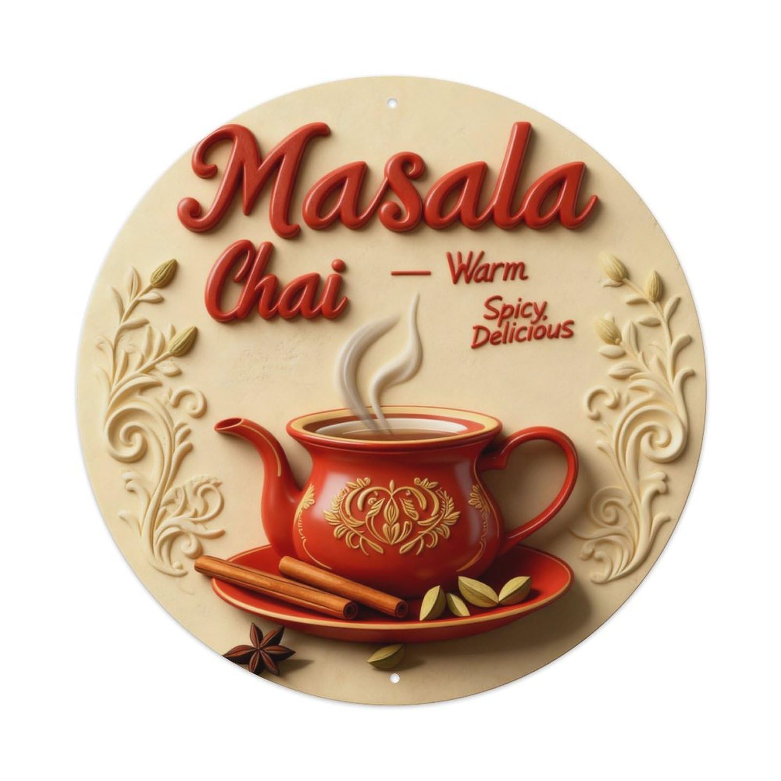 Masala Chai Warm Spicy Delicious Round Metal Tin Sign Vintage Wall Decor, Bar Garage Cafe Kitchen Home Wall Art Poster 8x8inches